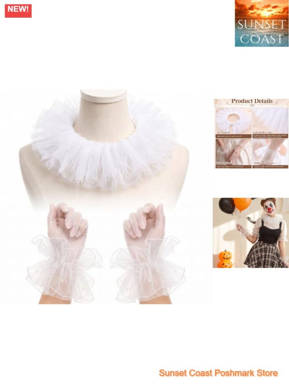 Clown Ruffle Collar Cuffs Set Mesh Pearl Victorian Cosplay Dance